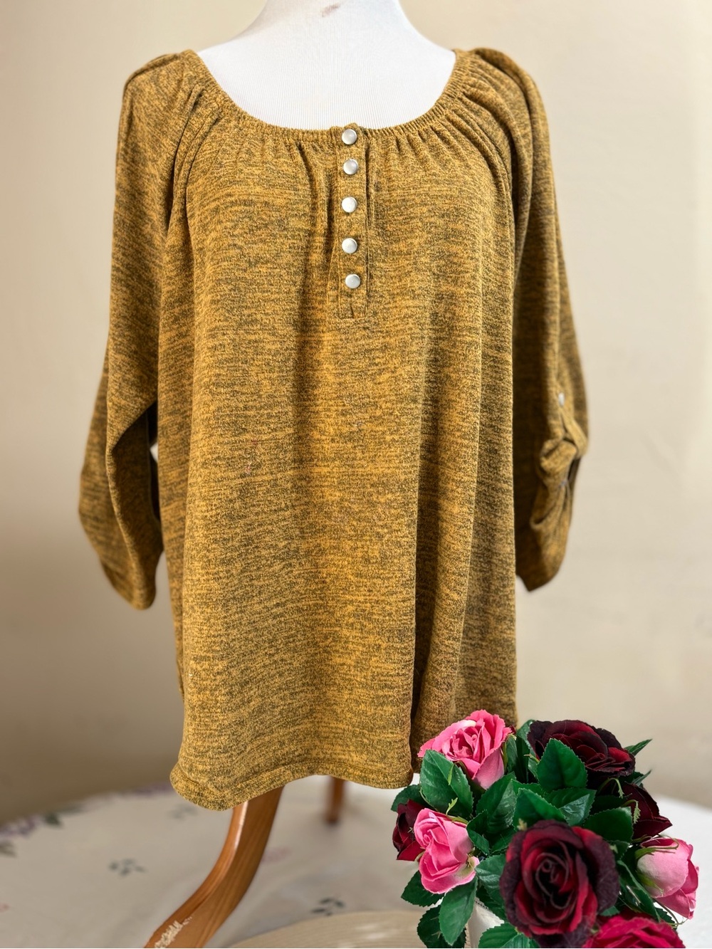 Notations Mustard Scoop-Neck Knit Top with Pearl Buttons
